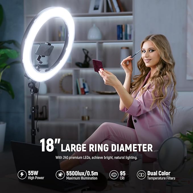 NEEWER 55W 18"/45cm Ring Light Kit [New Version], with Tripod Stand, RL-18 | 5600K Dimmable LED Ringlight, Phone Holder for iPhone, Lighting for Selfie Makeup Lash Tattoo Studio Photo Video Recording - Image 6