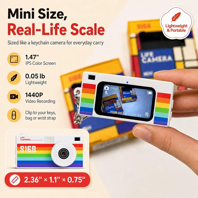 Mini Keychain Digital Camera, Y2K Retro Pocket Camera with 1.47 Inch Screen, 1440P Video, 2MP Photos, 16GB Card, Flash, Type C, Tiny Vintage Camcorder for Kids Teens Travel Vlog (Rainbow) - Image 2