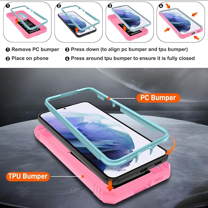 Gritup for Samsung Galaxy S22+ Plus Case with Screen Protector*2, Galaxy S22 Plus Case Build in 360° Rotating Ring Kickstand, Military Grade Protective Case for S22 Plus Phone, Green+Pink - Image 4