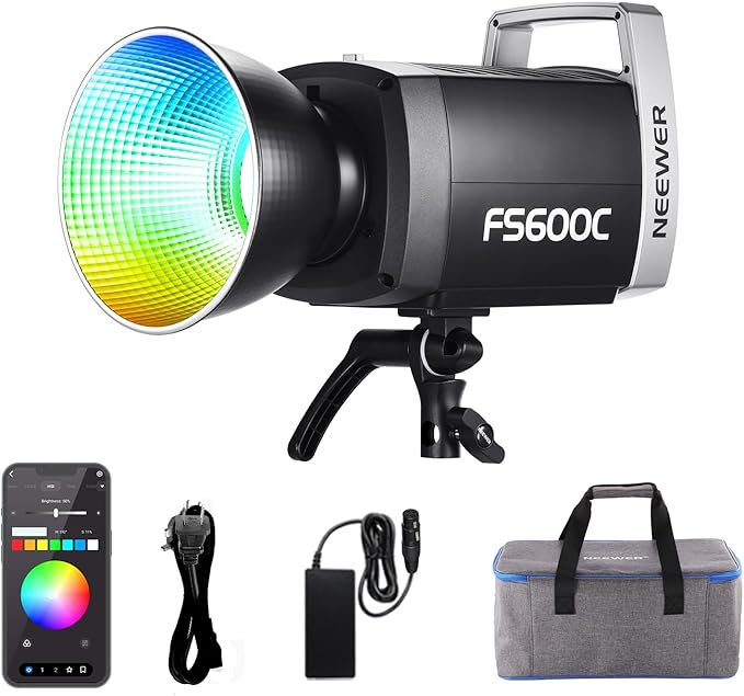 NEEWER Pro 600W RGB LED Video Light APP/2.4G/DMX Control, 2500-7500K 52500lx/1m COB Continuous Output Lighting, CRI95+/TLCI97+ Spotlight with Bag for Studio Photography Recording Streaming, FS600C by Neewer