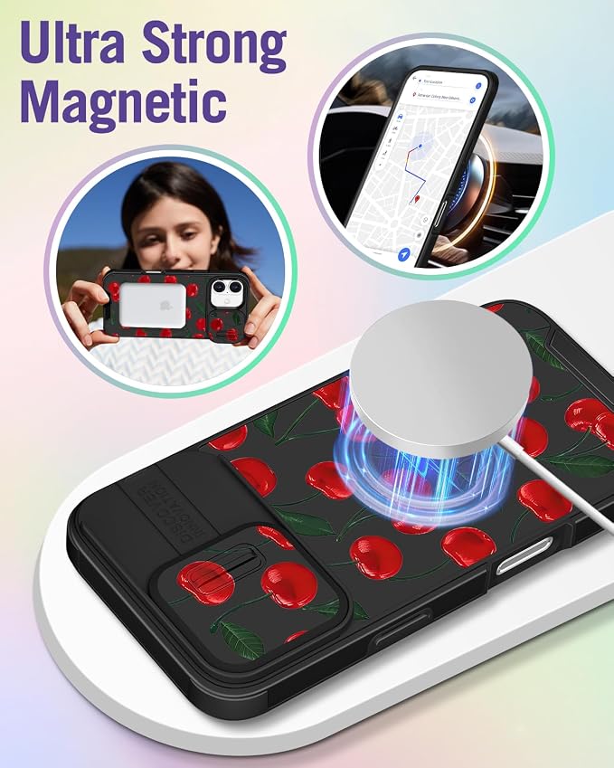 Buleens for iPhone 16 Case 6.1 Inch - with Ring Stand & Camera Cover Aesthetic Cute Designed for Women Girls Girly Pretty Kawaii Cherry Unique Teen Phone Case for iPhone 16 Compatible with Magsafe - Image 4
