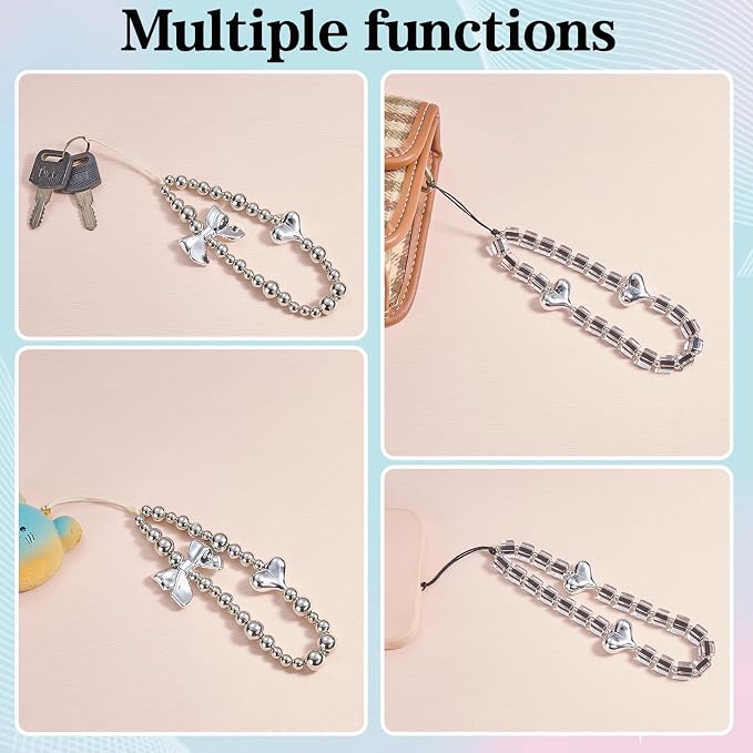 BEEFLYING Heart Beaded Phone Charm Wrist Strap for Case, Grey, 2 Pcs | Acrylic Cell Phone Chain with Bowknot Heart, for Bag Keychain Camera Wallet - Image 7