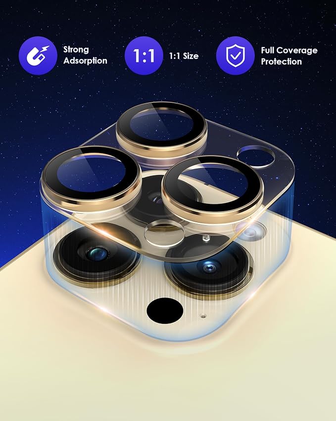 Compatible for iPhone 15 Pro/iPhone 15 Pro Max Camera Lens Protector, Clear Acrylic Plus Aluminium Alloy Ring 9H Tempered Glass Screen Camera Cover, Gold - Image 2