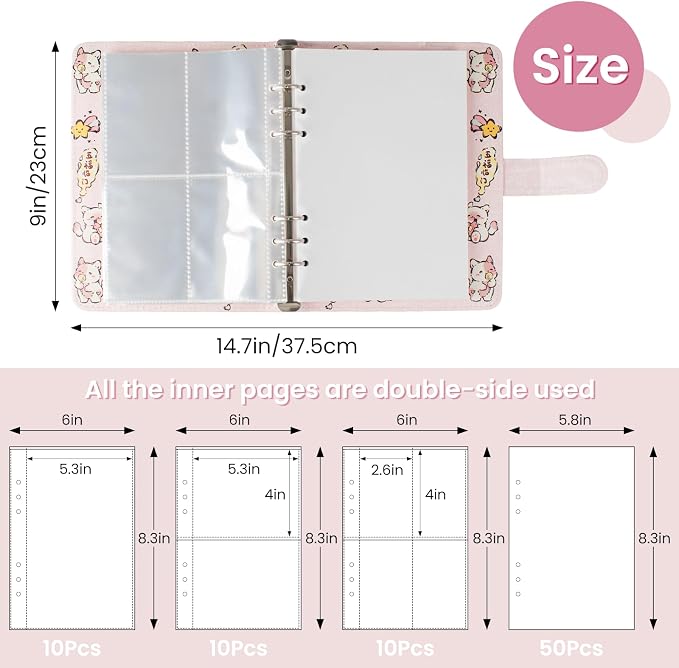 Reusable Sticker Book Collecting,A5 Binder Album Storage Organizer with Blank Release Paper and Pocket for Adult Kids,Cartoon Leather Binder Cover & Magnetic Buckle Closure(Pink) - Image 2