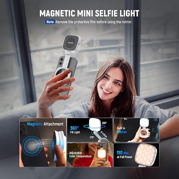 NEEWER BASICS Magnetic Selfie Light Compatible with MagSafe iPhone, CRI95 700lx/0.3m Folding LED Phone Fill Ring Lighting with Mirror for Zoom Makeup Photography Recording Video Conference,White NL48B - Image 3