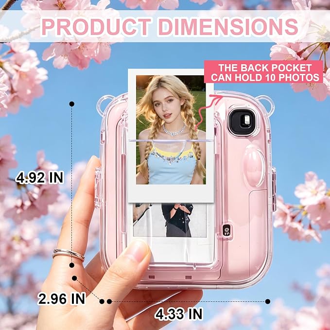 Clear Camera Case for Fujifilm Instax Mini 13, Pink Camera Strap | Protective Cover with Anti-Accidental Shutter, 4 Composition Cards, Photo Storage Holds 10 Films,Clear Hard Shell, No Camera - Image 2