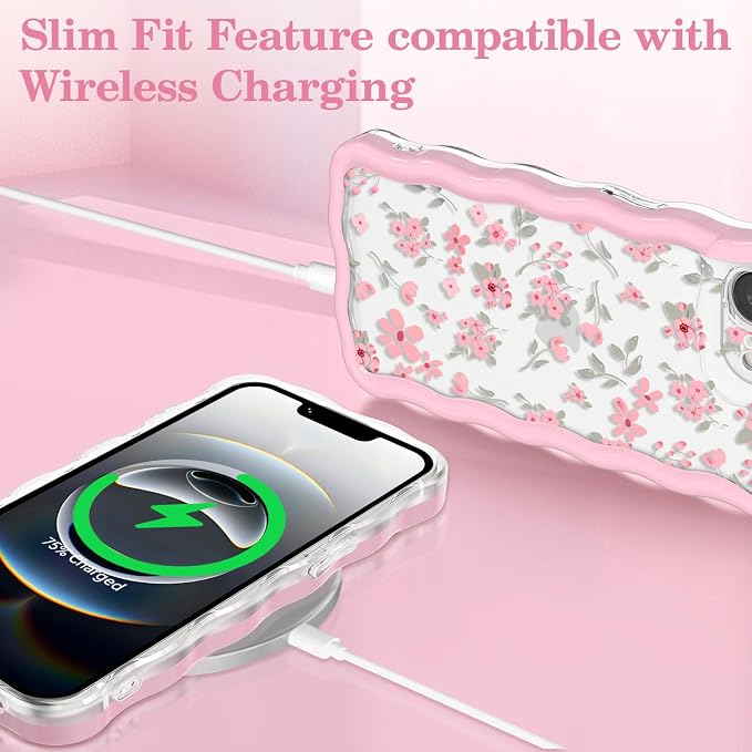 QLTYPRI for iPhone 17e/16e Pink Flower Case, Clear Cute Pink Floral Flower Phone Case Curly Wavy Aesthetic Phone Cover, Soft Slim Transparent TPU Shockproof Protective Cover for Women Girls - Pink - Image 5