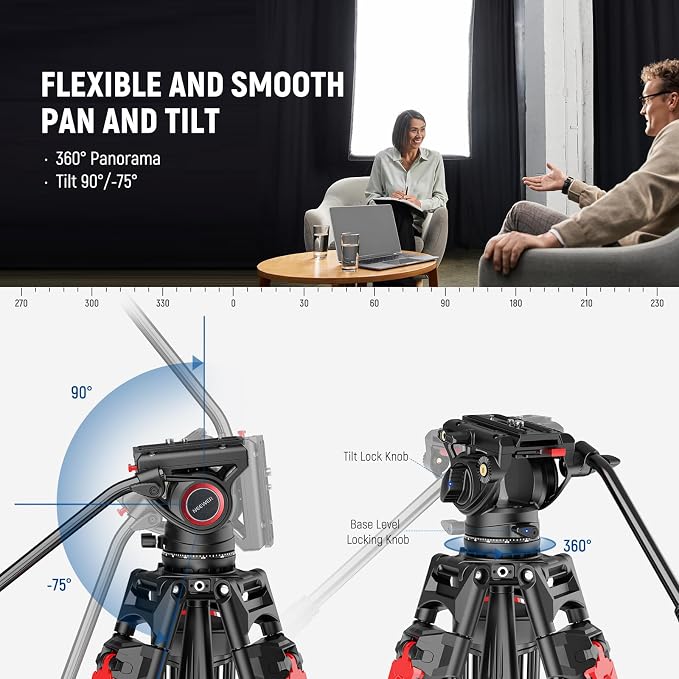 NEEWER 76" Video Camera Tripod with Fluid Head, One Step Quick Release Heavy Duty Aluminum Portable Tripod Stand with Cleaning Cloth, Dual Mode QR Plate for DSLR Camcorder, Max Load 17.6lb, LL27 - Image 4