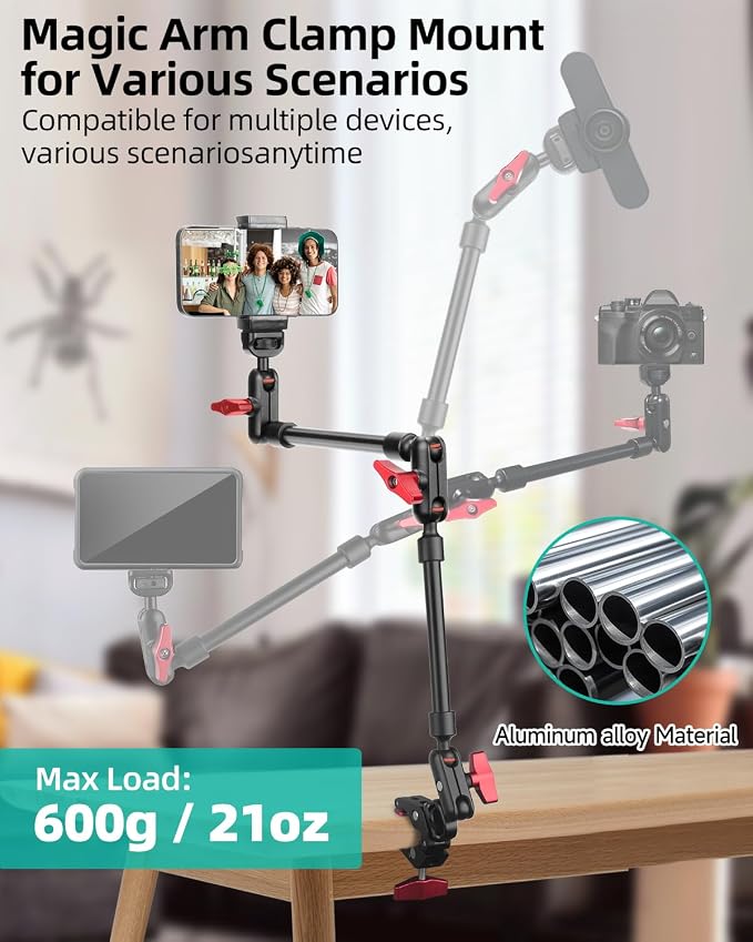 22" Magic Arm w Clamp Mount, Overhead Desk Phone Mount Stand, Adjustable Articulating Friction Camera Boom Arm w 1/4" Thread for Phone Video Light Webcam Action Camera Tripod Mic (Pack of 2) - Image 4