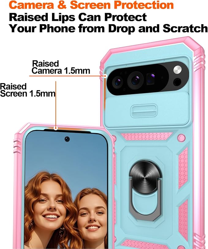 Gritup for Google Pixel 10 Pro XL Case with Screen Protector*2 | Magnetic Stand & Slide Camera Cover, Shock Proof Military-Grade Phone Case, Green+Pink - Image 5
