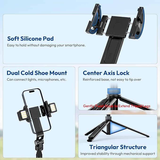 ULANZI TT88 Magnetic Tripod for iPhone 17, 57" Extendable Selfie Stick w Remote, 2-in-1 Phone Clip & Dual Cold Shoe Mounts-Lightweight Phone Tripod Stand for Vlogging, Travel, Video Recording, Black - Image 4