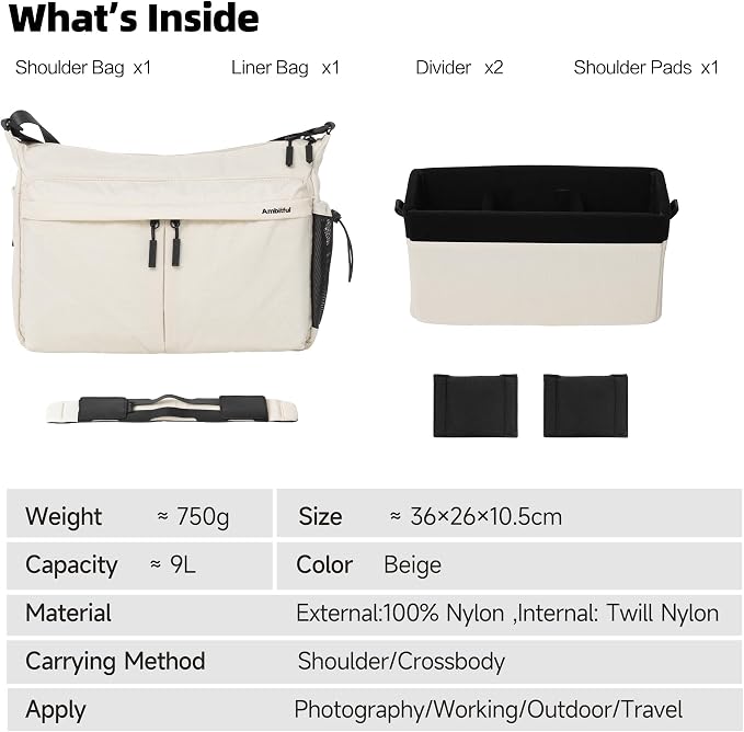 AMBITFUL Camera Messenger Bag for Photographers Shoulder bag,9L Beige | Lightweight Sling Bag with Adjustable Dividers Camera Bag Fits Mirrorless DSLR Camera, Lens, action camera,Drones - Image 8