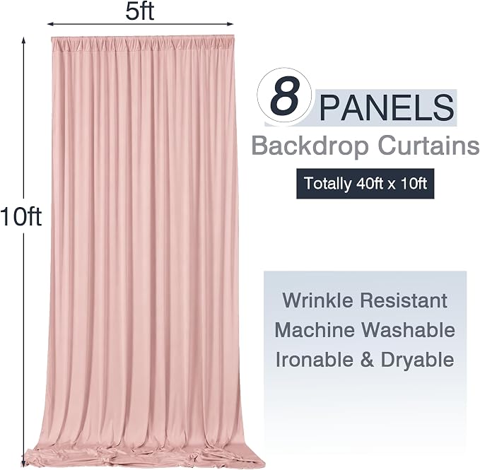 40x10ft Wrinkle Free Dusty Pink Backdrop Curtains for Parties, 8 Panels 5x10ft Silky Polyester Photo Backdrop Drapes Back Drop Cloth Drapery for Wedding Birthday Photography Background - Image 6
