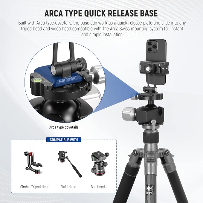NEEWER Metal Phone Tripod Mount Adapter with Arca QR Base, Cold Shoe, 360° Swivel 180° Tilt, Phone Holder Compatible with iPhone 17 Pro Max 16 15 Samsung Galaxy S25 Ultra S24 - Image 5