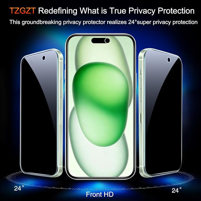 TZGZT Privacy Screen Protector for iPhone 15, Tempered Glass, Case Friendly | 3 Pack, 9H+ Military Grade Shatterproof, Anti-Scratch, HD, Easy Installation, Bubble Free, Includes Camera Lens Protectors - Image 3
