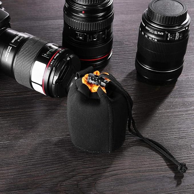 S Size (Small) Camera Lens Pouch, Thick Protective Neoprene Bag Storage Cover Case with Drawstring Design, Soft Plush Interior, Compatible for Canon, for Nikon, for Sony DSLR Lenses - Image 3