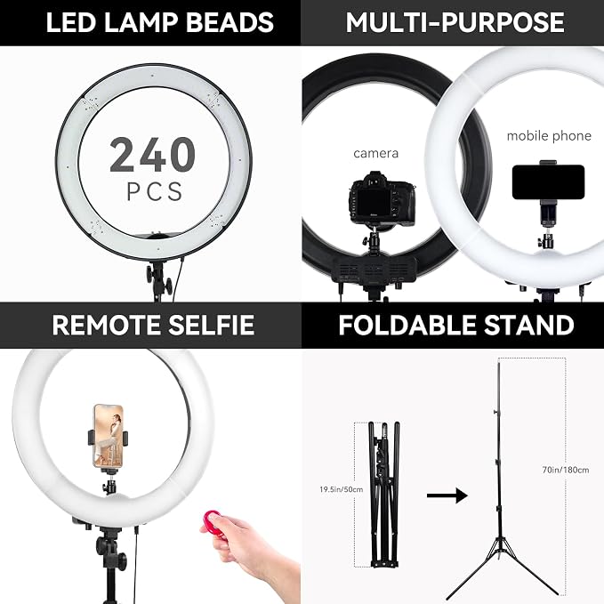 18-inch LED Ring Light with Adjustable Stand, 3200-5500K Color Temperature, USB Powered, Phone Holder, Remote Control for Photography, Makeup, YouTube Videos - Image 3