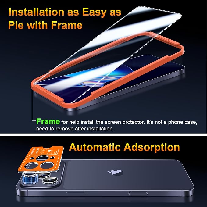 QsmQam 3 Pack Screen Protector for iPhone 17 Pro 6.3 Inch + 1 Pack Individual Camera Lens Protector, Ultra HD Tempered Glass, Military Grade Shatterproof, Case Friendly [with Installation Frame] - Image 8