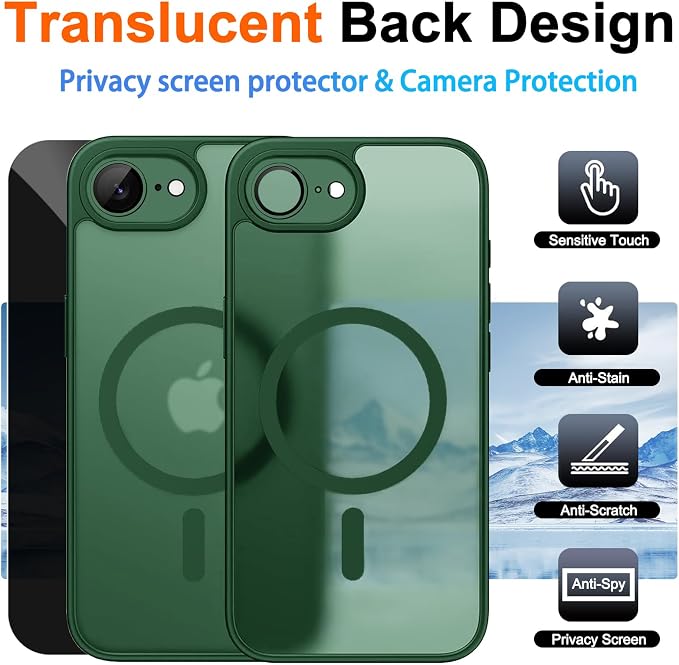 Magnetic for iPhone 17e Case & iPhone 16e Case, Green | Full Camera Protection, Privacy Screen Protector, Compatible with MagSafe, Translucent Matte Shockproof Cover for 17 e 16 e - Image 2