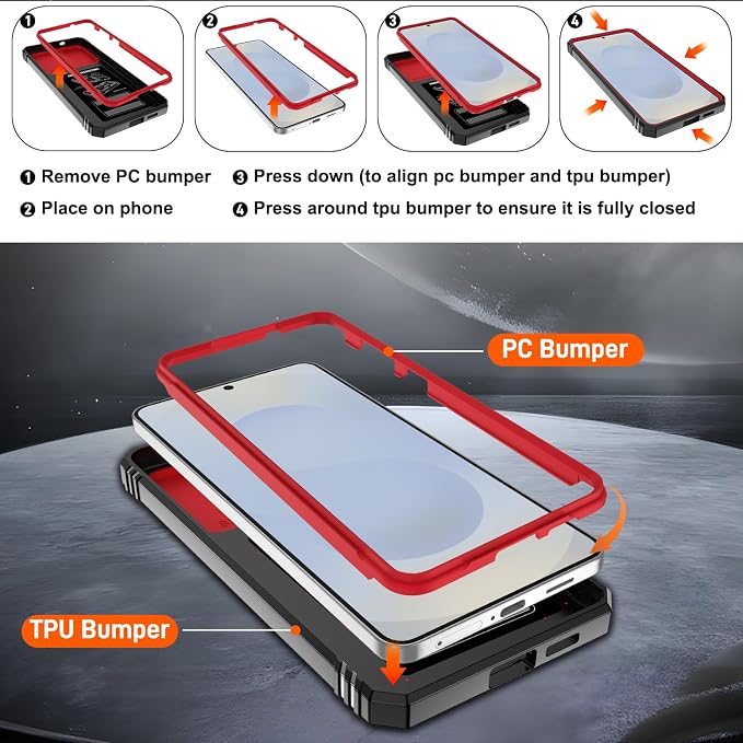 Gritup Fit for Samsung Galaxy S25 Edge Case with Slide Camera Cover | 2 Pcs Screen Protector, Build in 360° Rotating Ring Kickstand, Military Grade Protective Phone Case, Red+Black - Image 4