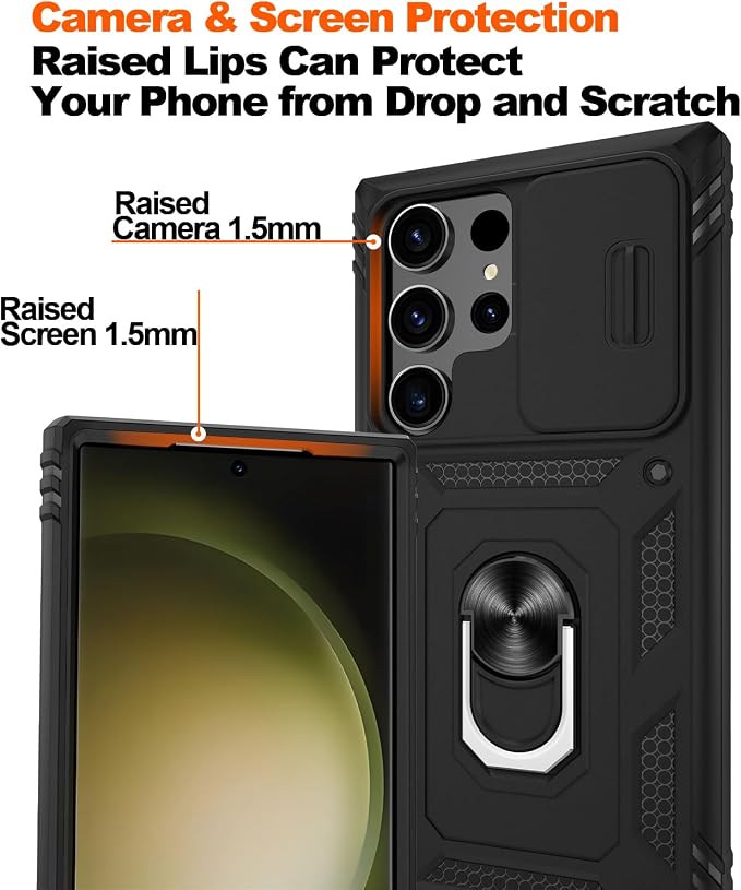Gritup for Samsung Galaxy S23 Ultra Case with 2PCS Screen Protector, Build in 360° Rotating Ring Kickstand, Military Grade Protective Case for S23 Ultra Phone, Black - Image 5
