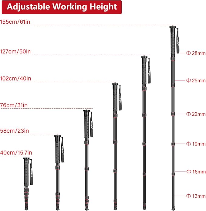 Camera Monopod Aluminum Portable Compact Lightweight Travel Monopod with Carrying Bag Walking Stick Handle,for DSLR Canon Nikon Sony Video Camcorder,6 Sections up to 61-in (A-555L) - Image 5
