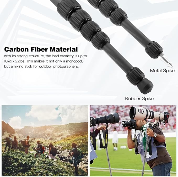 Koolehaoda 62" Camera Monopod 6 Section Compact Carbon Fiber Unipod | Extendable Photography Monopod with Phone Holder for DSLR Mirrorless Cameras Video Camcorder Max Load 10kg/22lbs - Image 5