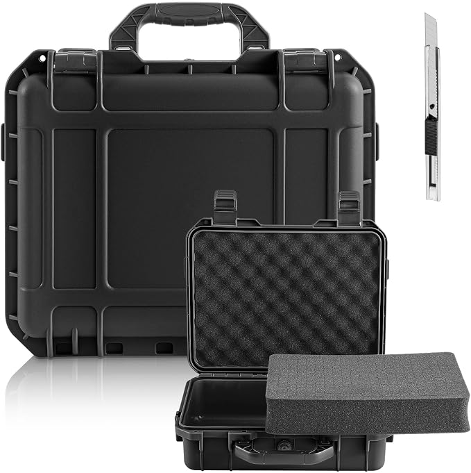 Relaxweex 1 Pcs Waterproof Hard Case with DIY Customizable Foam Insert Portable Protective Case with Knife for Camera Drones Equipments Tools Test Instruments(Black,11.3 x 8.7 x 4.2 Inch) by Relaxweex