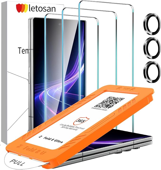 letosan 3 Pack for Samsung Galaxy Z Fold 8 Ultra Screen Protector Tempered Glass + 1 Pack Camera Lens Protector, Military Grade Shatterproof, 9H+ Hardness, Auto Alignment Frame 6.5 Inch by letosan