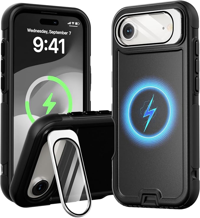 Follaroma Magnetic for iPhone 17 Air Case with Camera Cover Stand, Black | Built-in Glass Camera Cover Stand,Compatible with MagSafe,Heavy Duty Shockproof Protective,Military-Grade Anti-DropDual Case by Follaroma