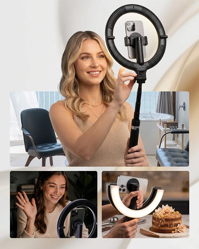 KraftGeek Ring Light with Stand, Magnetic Phone Tripod with Light | 5000mAh Rechargeable 10.2" LED Ring Light, Portable Foldable Design, Auto-Open Tripod, Up to 76" Height, Up to 10H Runtime - Image 8