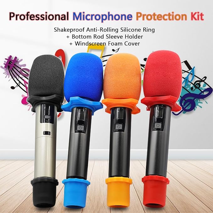 4-Set Black Handheld Mic Protection Kit Silicone Ring Windscreen | anti-roll drop guard, ktv karaoke stage , wireless dynamic mic fit, foam windpop filter cover, bottom rod sleeve included - Image 3
