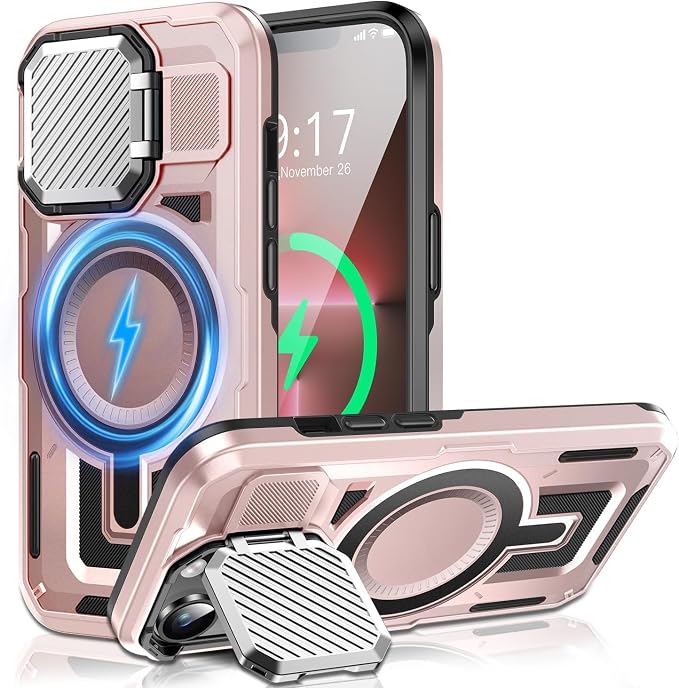 Camera Stand Case for iPhone 13 Pro Max, [Compatible with Mag Safe] [Lens Cover] 2024 Version Military Grade Protective Soft Case for iPhone 13 Pro Max 6.7 inch Men Women, Pink by WASTROYAL