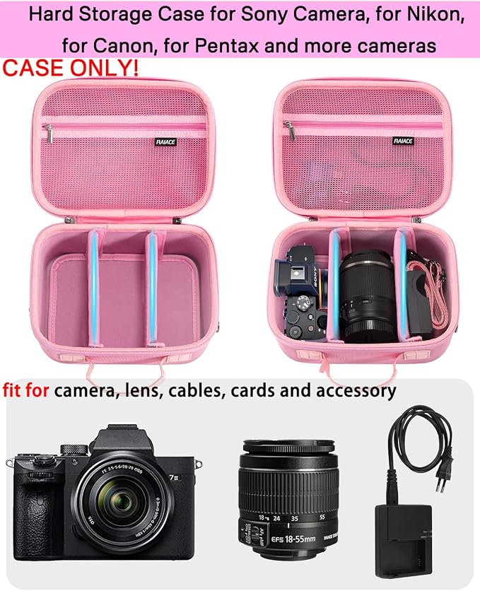 RAIACE Hard Case Compatible with Sony Alpha 7 II III IV/7R V Camera, for Nikon, for Canon, for Pentax and More. Mesh Pocket for Charger, Cables, Cards and Accessories. (case only) - Pink - Image 2