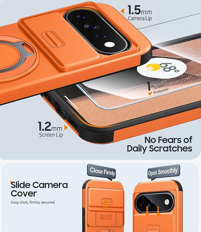 JAME for Google Pixel 10/10 Pro/11/11 Pro Case, Stand & Slide Camera Cover | Ring Holder Kickstand, Screen Protectors, Dual-Layer Shockproof Protective, Magnetic Accessory Friendly Phone Case, Orange - Image 5