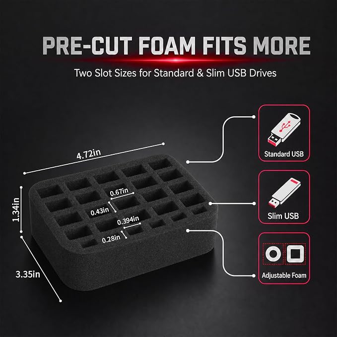 Comecase USB Flash Drive Case, Holds 26 USB Drives and 4 SD Cards | Pre-Cut Foam Fits Mixed USB Drives; EVA Shell, Holds 26 USB & 4 SD Cards, Black+Red Zipper, Small, Case Only - Image 3