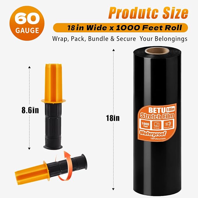 Black Stretch Film Shrink Wrap for Moving Supplies (18inch, 1 Pack) x 1000ft, Industrial Strength Plastic Wrap Stretch Roll for Pallet Wrapping Shipping Moving Boxes Storage Furniture with Handles - Image 2