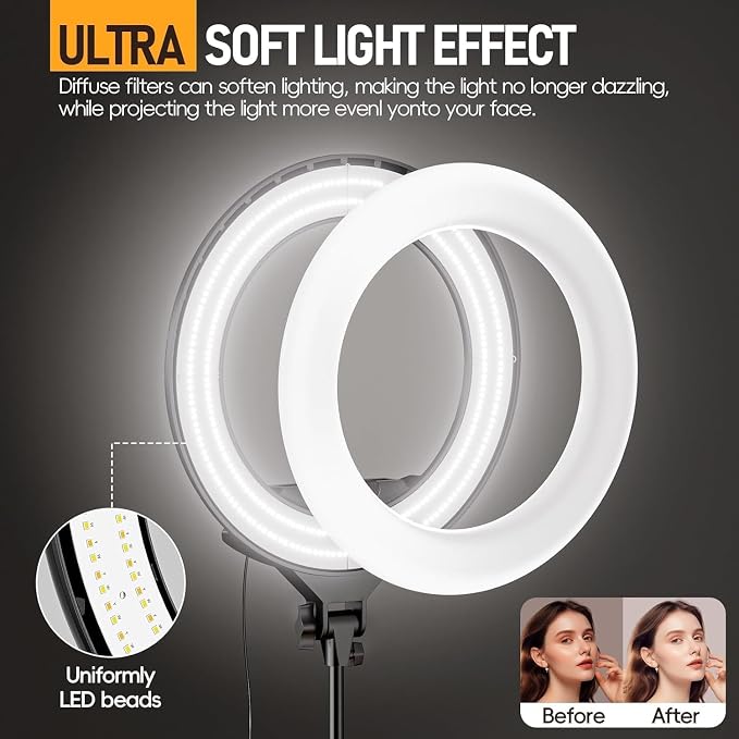 EMART 18in Ring Light with Stand, 2800-6500K LED Photography Lighting Kit | Selfie Light with Phone Holder for Vlog, Live Streaming, Video, Makeup, Tattoo, Barber, Studio - Image 4