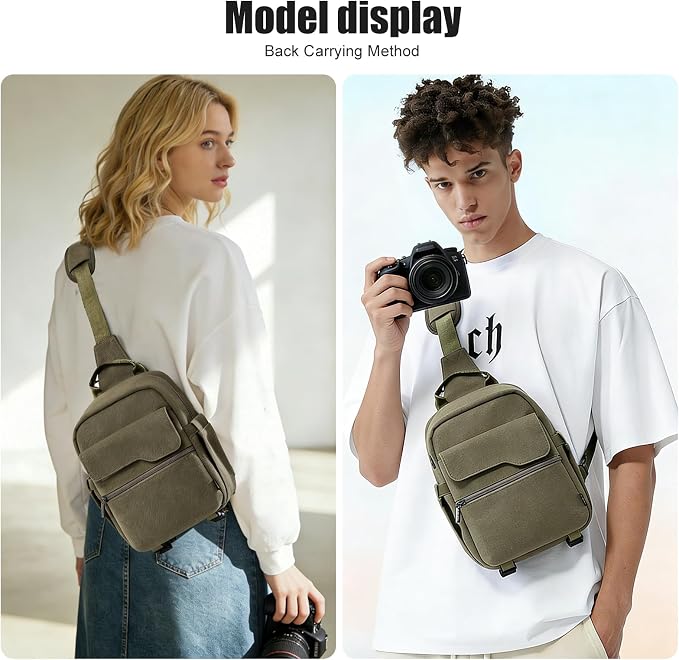 Cwatcun Large Canvas Sling Bag, Crossbody Chest Bag with Tripod Holder | Fits 1body +2lenses +9.7" iPad +6.7"phone.Waterresistant canvas with rain cover, tripod holder, adj strap 29.5-51.2". - Image 8