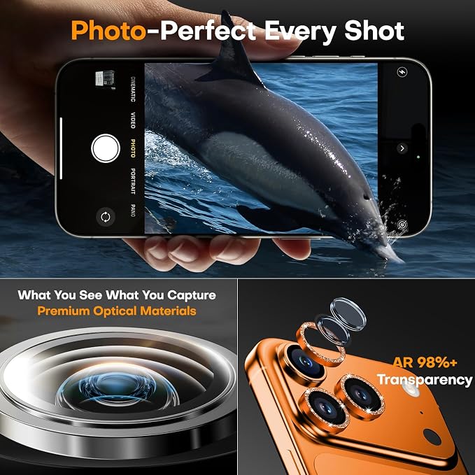 Camera Lens Protector for iPhone 17 Pro Max/17 Pro- Glitter Orange | 9H Tempered Glass, Metal Individual Camera Cover, Accessories, Anti-drop, Case Friendly, HD Clear, Anti-Scratch - Image 4