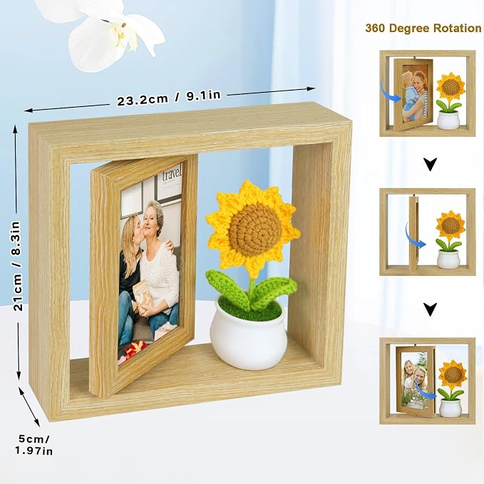 4x6 Rotating Floating Picture Frame Desktop with Crochet Sunflower, Double-Sided Display 4x6 Photos- 2026 Graduation Gift for Girls Her Teacher Sunflower Gifts for Mom Women Cute Office Desk Decor - Image 4