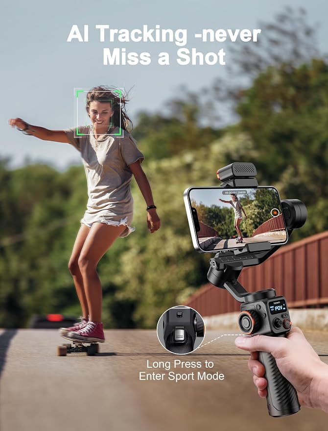 hohem iSteady M6 Kit Gimbal with AI Tracking & Magnetic Fill Light | AI Tracker with Adjustable Fill Light, iSteady 7.0 Stabilization, 360° Inception Mode, 0.88lb Load, 18H Battery, OLED Display - Image 3