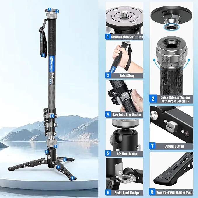 LEOFOTO Carbon Fiber Monopod with Pedal, 75.59" Portable Travel Monopod with Feet for Camera, Max Load 11.02LB/5KG, Compatible with Sony/Canon/Nikon/DSLR (MF-324CL) - Image 2