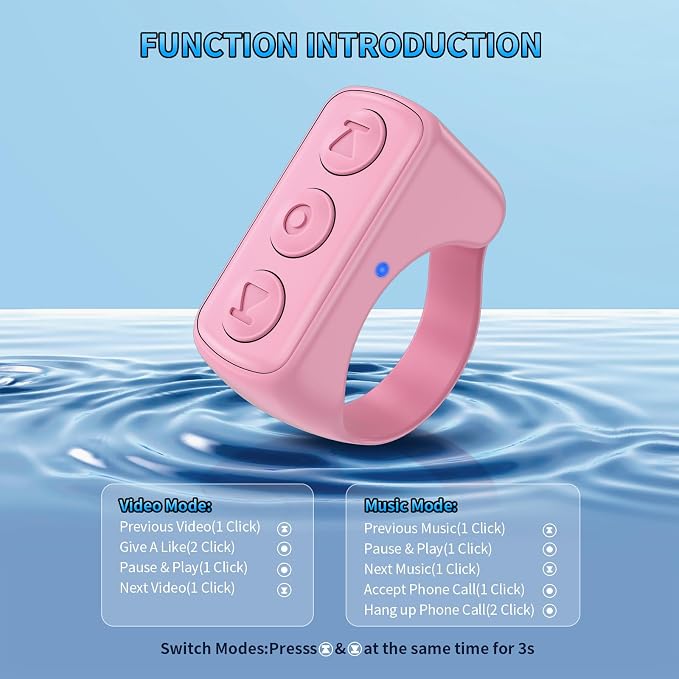 Fingertip Bluetooth Remote Control TIK TOK Wireless Page Turner TYUOBOX Camera Remote Shutter Selfie Button Controller with Charging Case for iPhone Android Ipad Cell Phone (Pink1) - Image 2