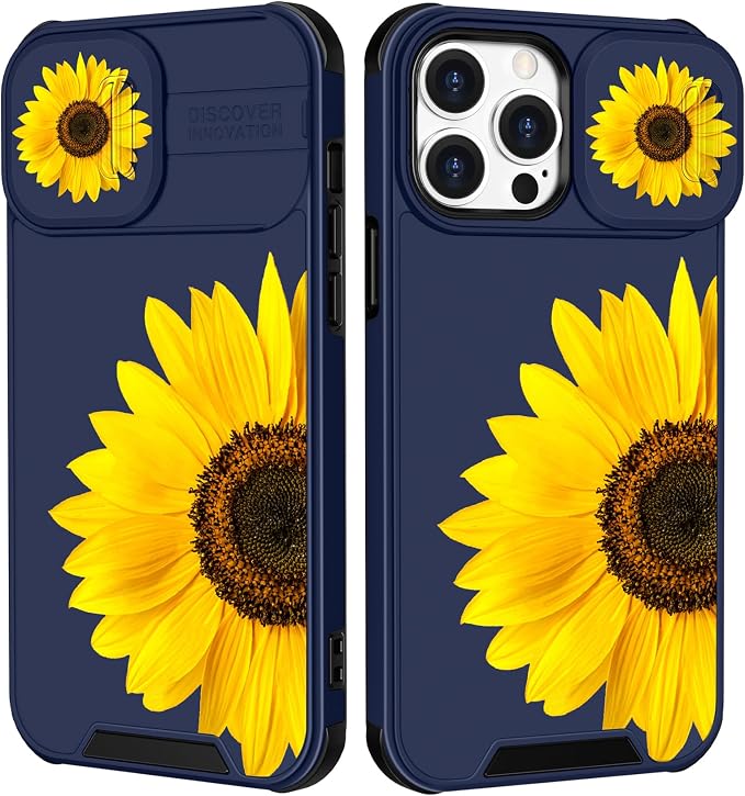 (2in1 for iPhone 15 Pro Case Sunflower Floral for Women Cute Phone Cover Girly Sun Flowers Pretty Blue Design with Slide Camera Cover Protective Stand Holder for iPhone 15 Pro Cases 6.1'' by Goocrux