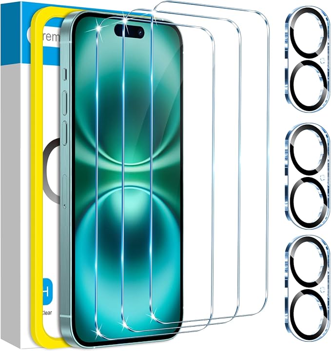 Fotbor for 3Pack iPhone 16 Plus Screen Protector with 3Pack Camera Lens Protector, 9H+ Tempered Glass Easy Installation Kit, Case Friendly iPhone 16 Plus by Fotbor