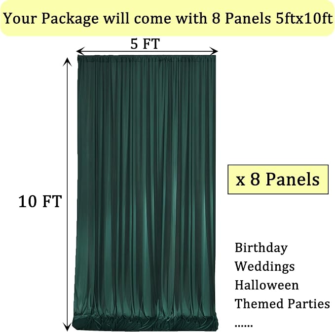 40ft x 10ft Wrinkle Free Hunter Green Backdrop Curtains for Parties, 8 Panels Polyester Green Photo Backdrop Drapes for Wedding Jungle Birthday Party Photography Background Stand - Image 3