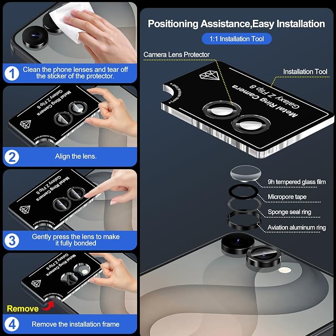 for Samsung Galaxy Z Flip 8 Camera Lens Protector, Individual Metal Ring Tempered Glass Lens Cover, [Strong Adsorption] Scratch Resistant Ultra-Thin HD Clear Lens Cover, 1 Set-Black - Image 7