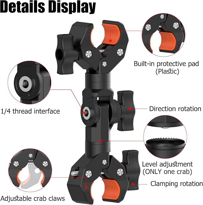 Double Clamp Camera Mount Bracket Magic Arm with 1/4" Screw Interface | Double Super Umbrella Clamp for Chair, Strollers, Photo Studio Light Stand, Motorcycle, Poles, Photography Reflector, Flag - Image 4