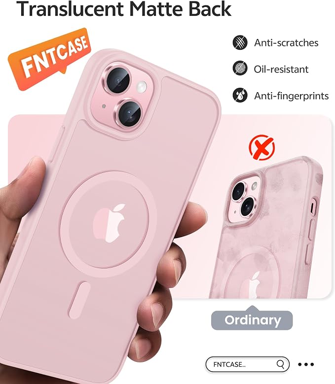 FNTCASE for iPhone 15/14/13 Case, Fit for Magsafe, Glass Screen Protector | Translucent Matte, Magnetic Phone Cases, 14FT Military Grade Drop Protection, Slim Shockproof Protective Cover, Light Pink - Image 6
